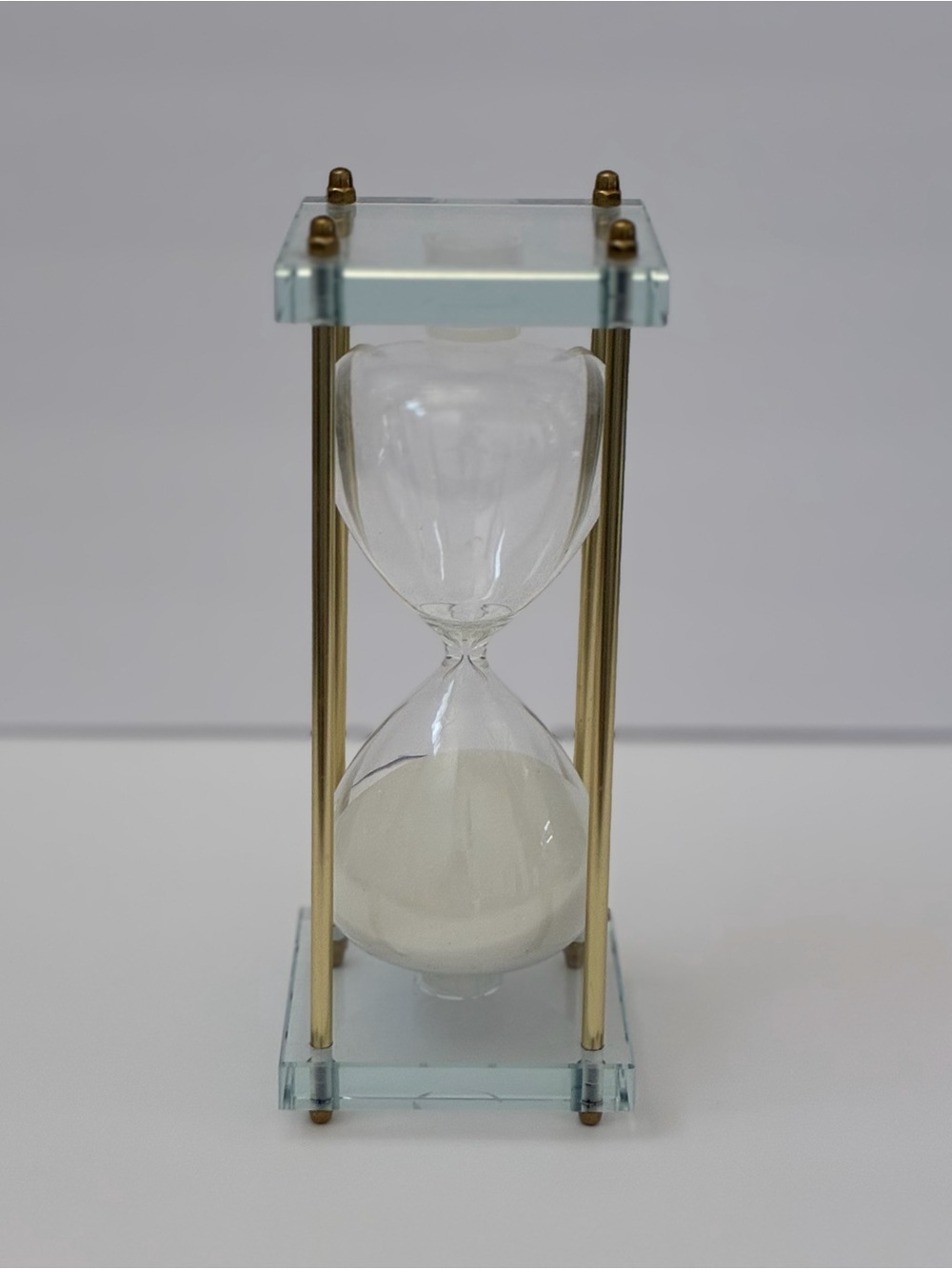 Modern Decorative Glass Hourglass Featuring White Sand 10”